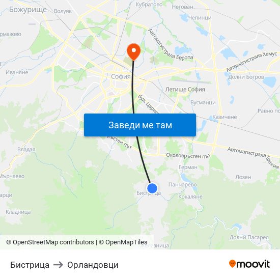 Бистрица to Орландовци map