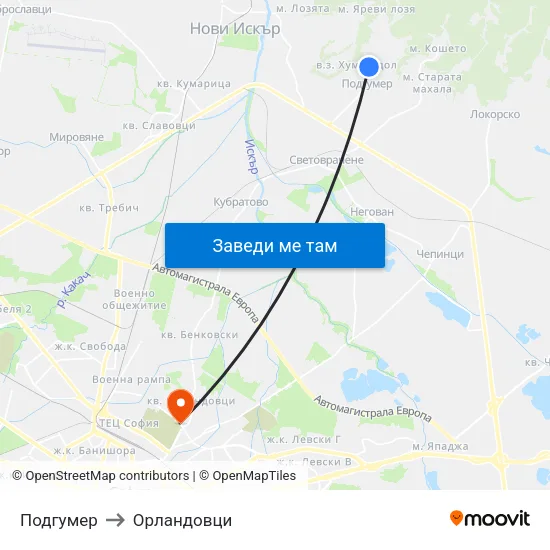 Подгумер to Орландовци map
