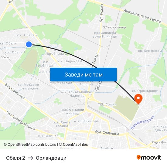 Обеля 2 to Орландовци map