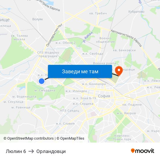 Люлин 6 to Орландовци map