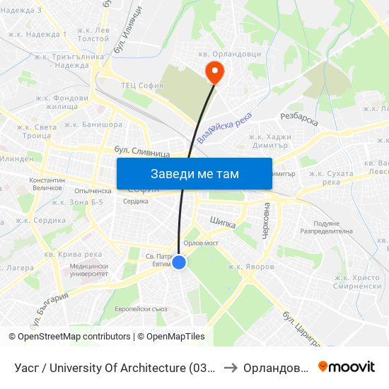 Уасг / University Of Architecture (0386) to Орландовци map