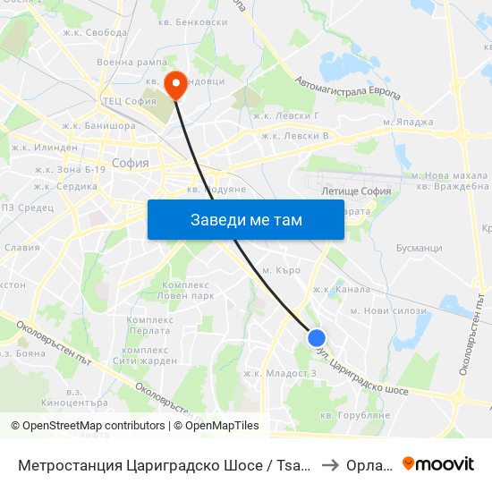 Метростанция Цариградско Шосе / Tsarigradsko Shosse Metro Station (1016) to Орландовци map