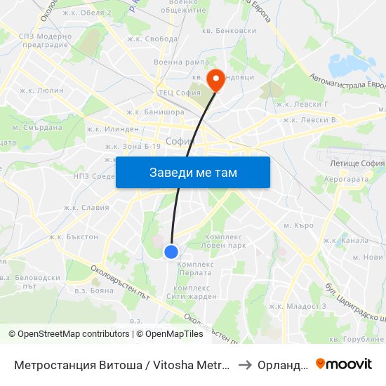 Метростанция Витоша / Vitosha Metro Station (0909) to Орландовци map