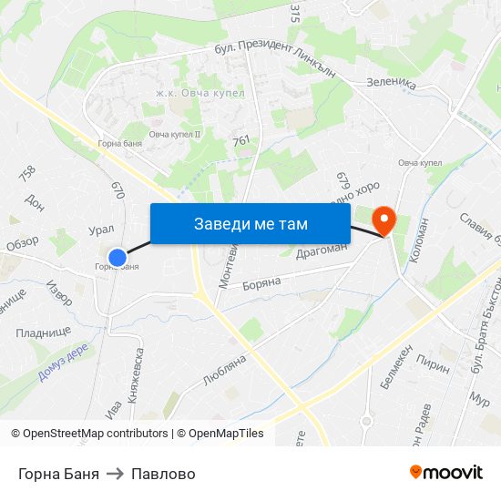 Горна Баня to Павлово map