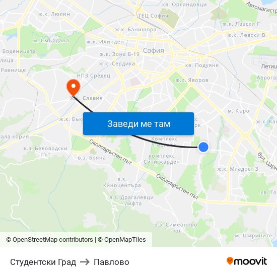 Студентски Град to Павлово map