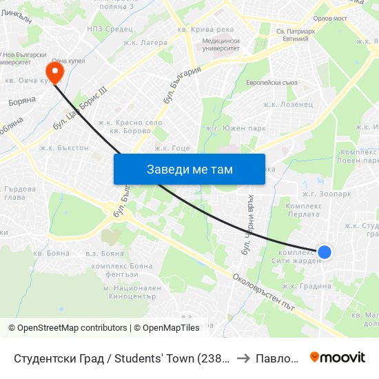 Студентски Град / Students' Town (2382) to Павлово map