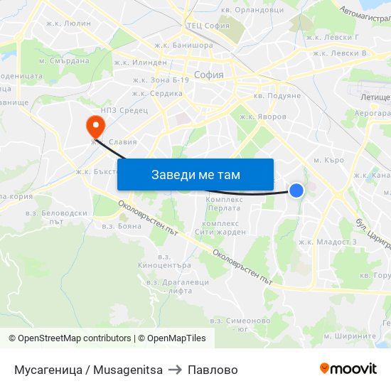 Мусагеница /  Musagenitsa to Павлово map