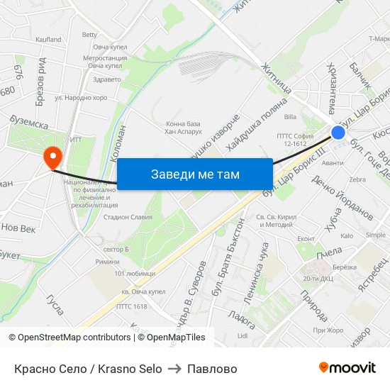Красно Село / Krasno Selo to Павлово map