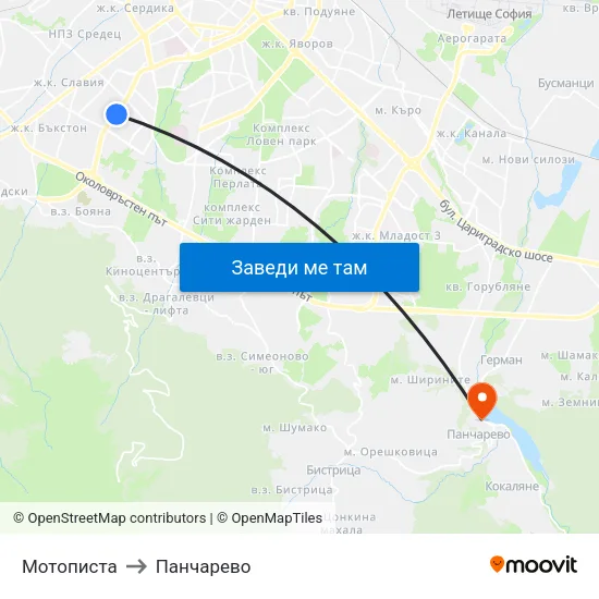 Мотописта to Панчарево map
