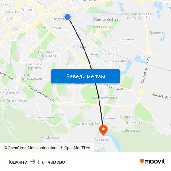 Подуяне to Панчарево map