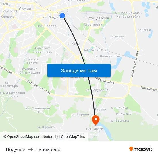 Подуяне to Панчарево map