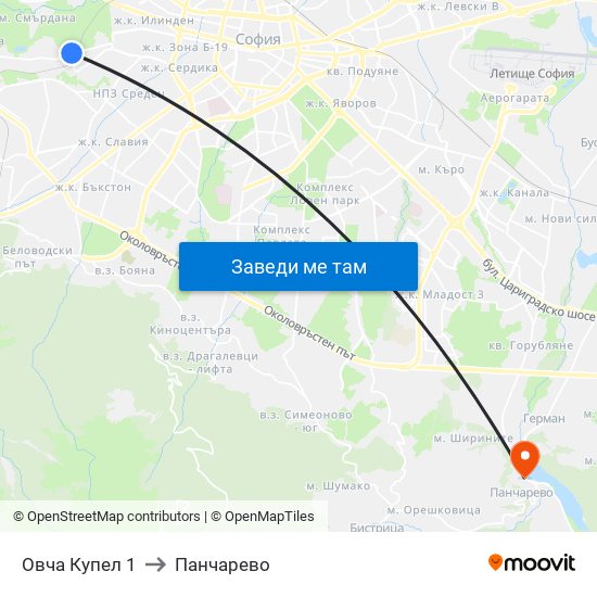 Овча Купел 1 to Панчарево map