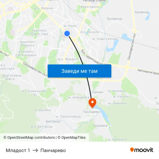 Младост 1 to Панчарево map