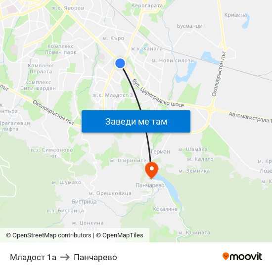 Младост 1а to Панчарево map
