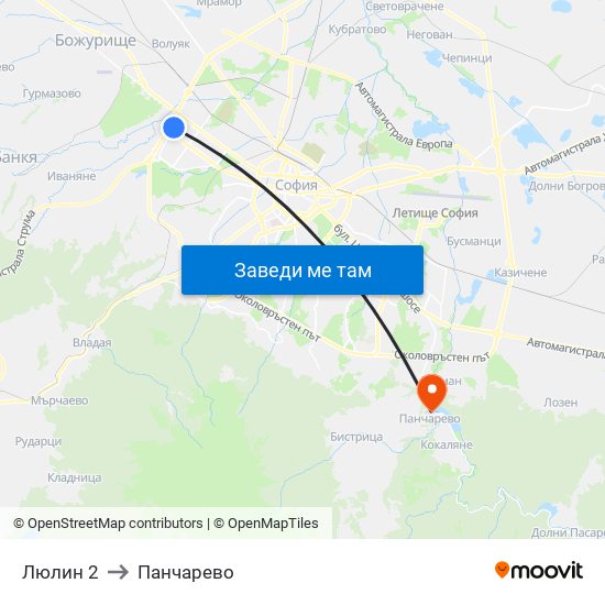 Люлин 2 to Панчарево map