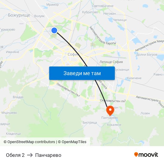 Обеля 2 to Панчарево map