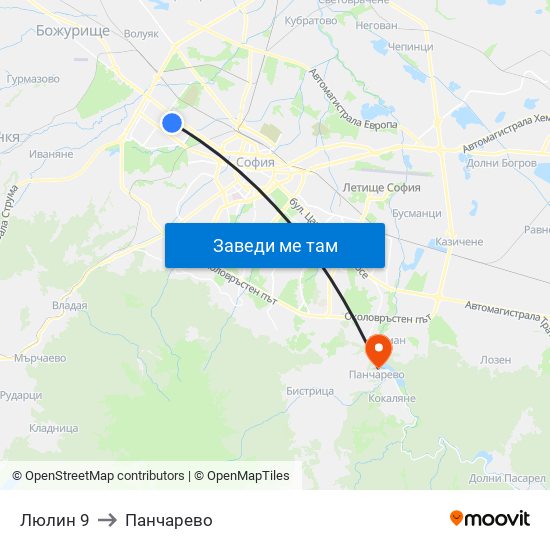 Люлин 9 to Панчарево map