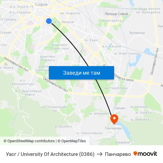 Уасг / University Of Architecture (0386) to Панчарево map