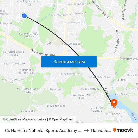 Ск На Нса / National Sports Academy (1609) to Панчарево map