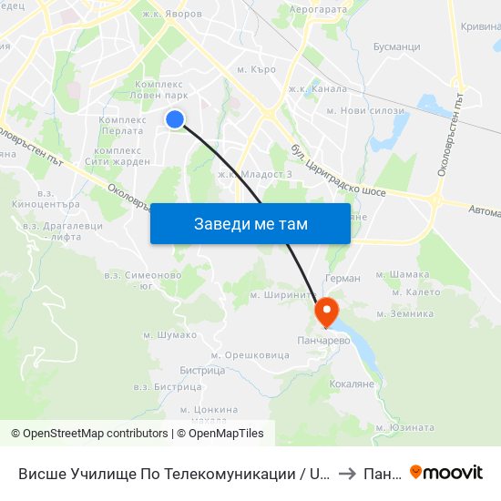 Висше Училище По Телекомуникации / University Of Telecommunications And Post (1396) to Панчарево map