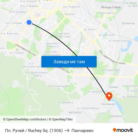 Пл. Ручей / Ruchey Sq. (1306) to Панчарево map