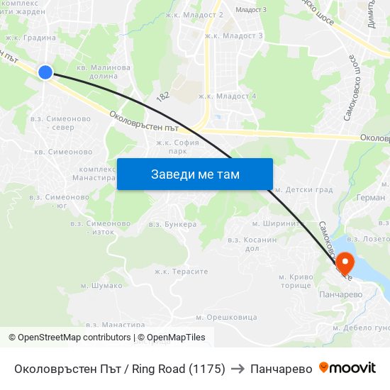 Околовръстен Път / Ring Road (1175) to Панчарево map