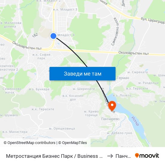 Метростанция Бизнес Парк / Business Park Metro Station (2490) to Панчарево map