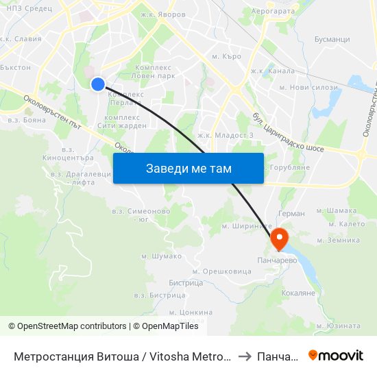 Метростанция Витоша / Vitosha Metro Station (2755) to Панчарево map