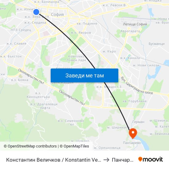 Константин Величков / Konstantin Velichkov to Панчарево map