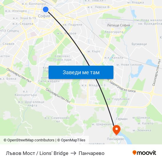 Лъвов Мост / Lions' Bridge to Панчарево map