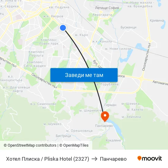 Хотел Плиска / Pliska Hotel (2327) to Панчарево map