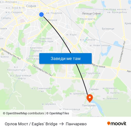 Орлов Мост / Eagles' Bridge to Панчарево map