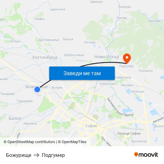 Божурище to Подгумер map