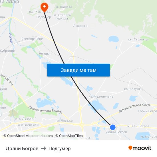 Долни Богров to Подгумер map