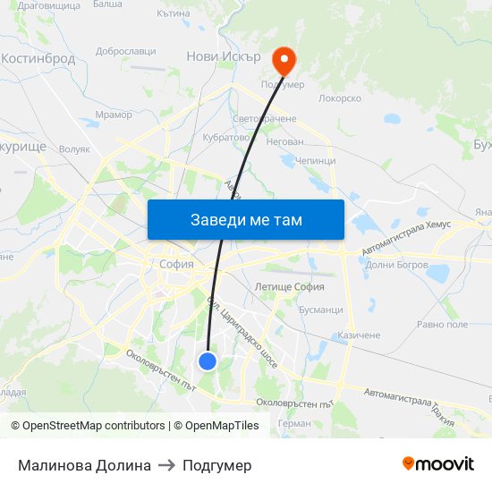 Малинова Долина to Подгумер map