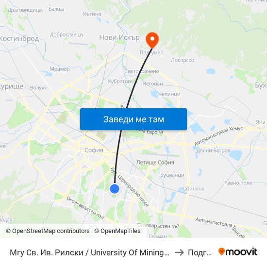 Мгу Св. Ив. Рилски / University Of Mining And Geology (1033) to Подгумер map