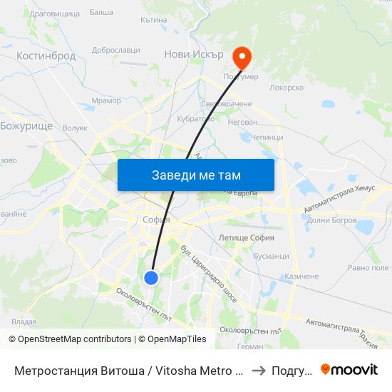 Метростанция Витоша / Vitosha Metro Station (2654) to Подгумер map