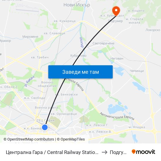 Централна Гара / Central Railway Station (1327) to Подгумер map