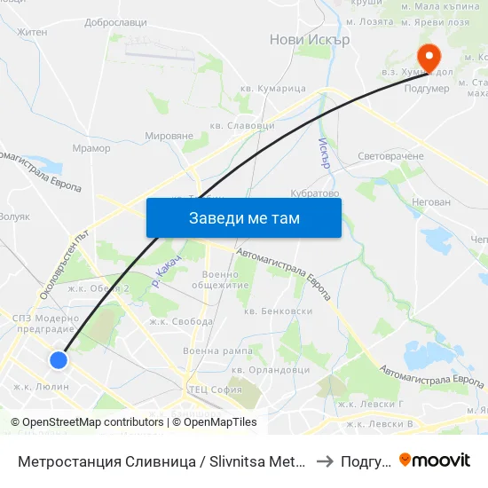 Ⓜ️ Метростанция Сливница / Slivnitsa Metro Station (1063) to Подгумер map