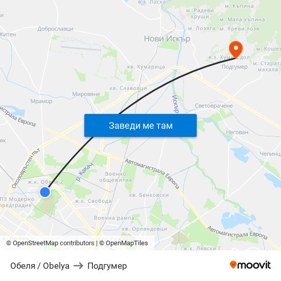 Обеля / Obelya to Подгумер map