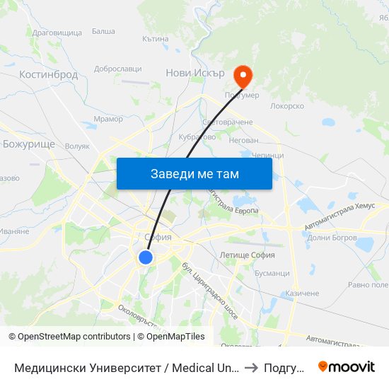 Медицински Университет / Medical University to Подгумер map