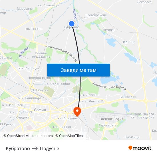 Кубратово to Подуяне map