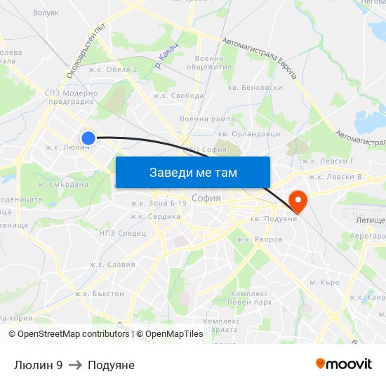 Люлин 9 to Подуяне map