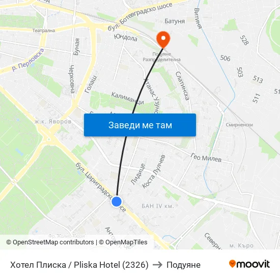 Хотел Плиска / Pliska Hotel (2326) to Подуяне map