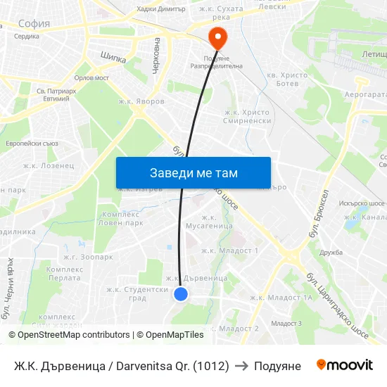 Ж.К. Дървеница / Darvenitsa Qr. (1012) to Подуяне map