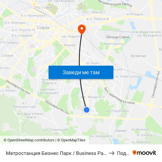 Метростанция Бизнес Парк / Business Park Metro Station (2490) to Подуяне map