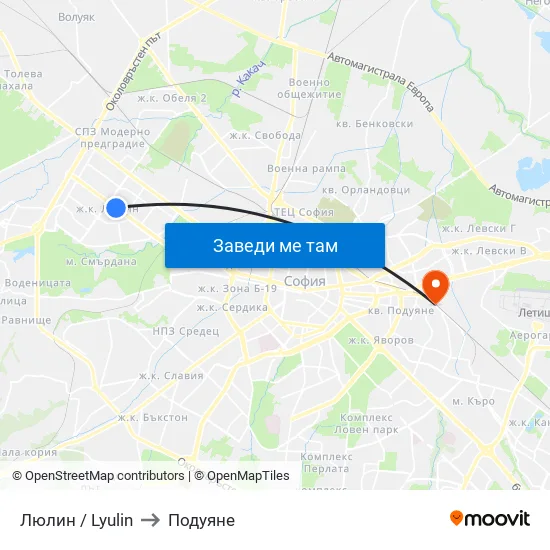 Люлин / Lyulin to Подуяне map