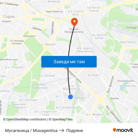 Мусагеница /  Musagenitsa to Подуяне map