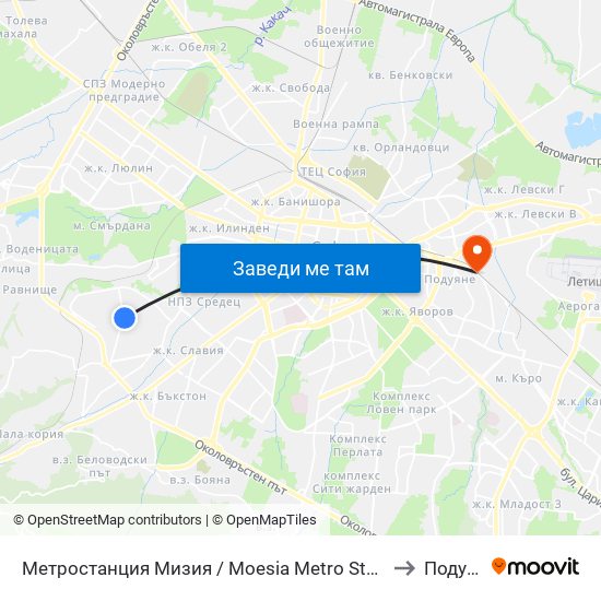 Метростанция Мизия / Moesia Metro Station (6089) to Подуяне map