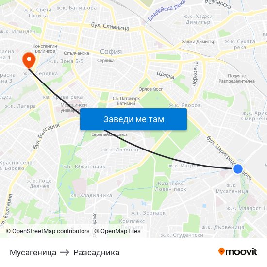 Мусагеница to Разсадника map